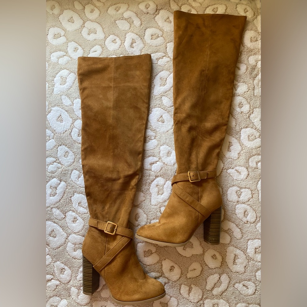 Women's Tall Tan Faux Suede Stacked Heel Boots
